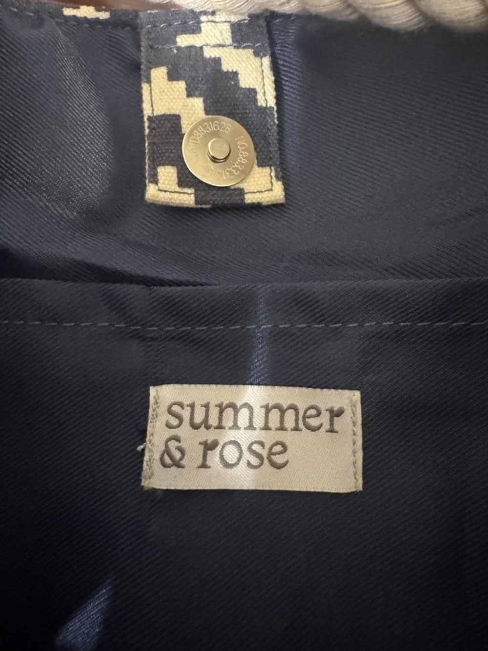 Summer & Rose Blue & White w/Geometric Print Beach Tote Bag w/Rope Handle